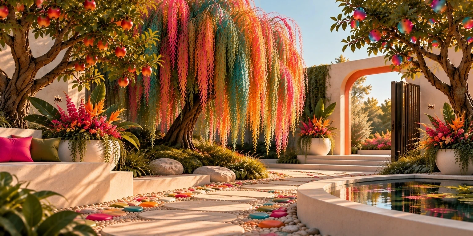 A sunlit modern walled garden: a weeping willow with pink, orange, teal and gold branches at its center, apple trees heavy with fruit on either side, colored pebbles along a stepping-stone path, cream planters, a still pond and an open arched gateway.